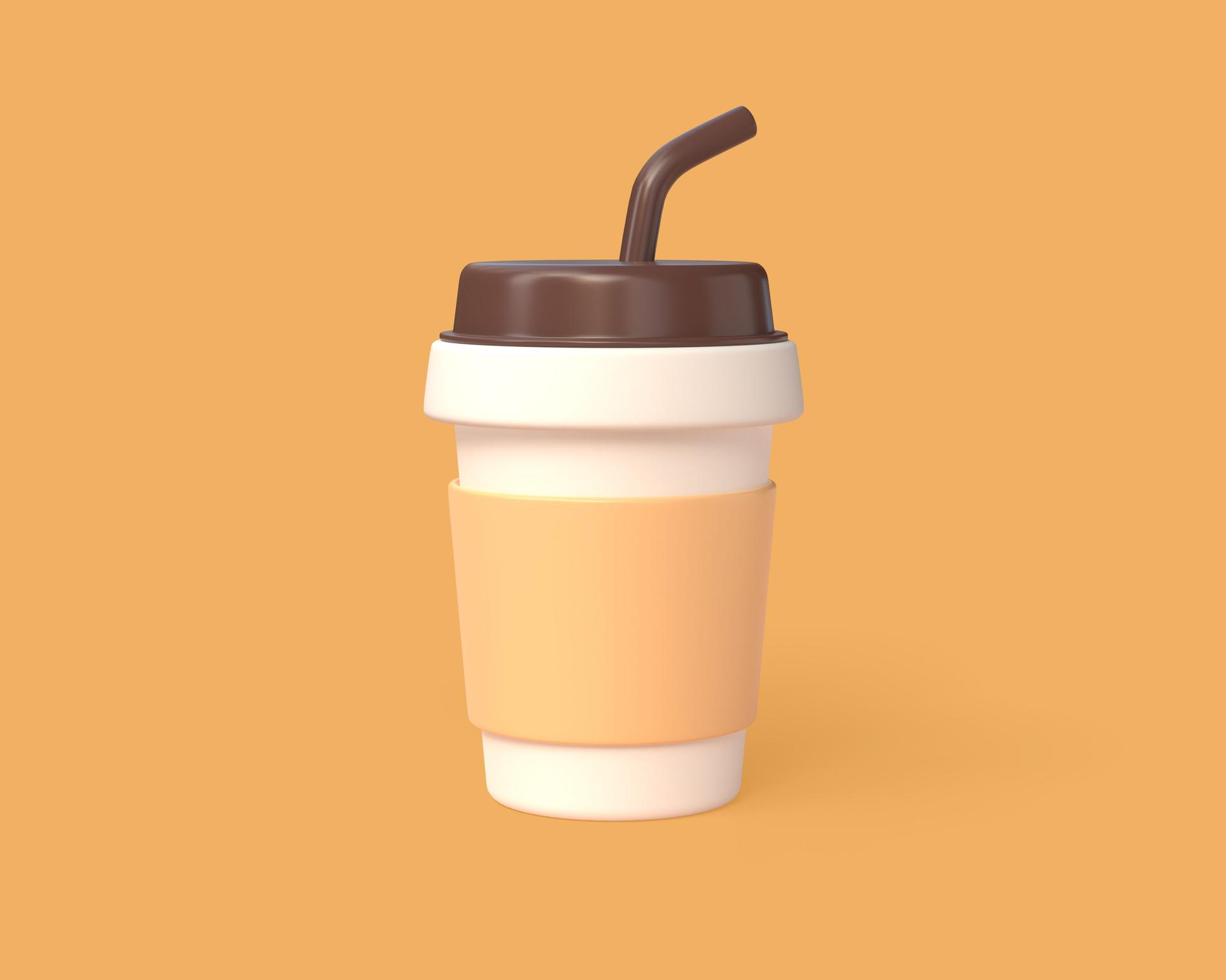 3d paper coffee cup with blank label floating on a beige background. 3d rendering illustration